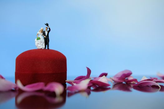 Miniature photography outdoor marriage wedding concept, bride and groom standing above ring box on red rose flower pile