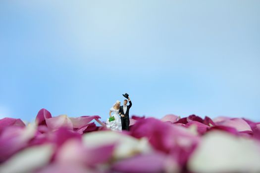 Miniature photography - outdoor marriage wedding concept, bride and groom walking on red white rose flower pile