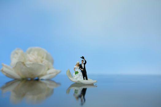 Miniature photography outdoor wedding concept, bride and groom walking on red white rose flower pile
