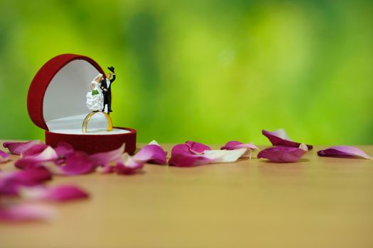 Miniature photography - outdoor garden wedding ceremony concept, bride and groom stand above ring box in the middle of red rose flower pile