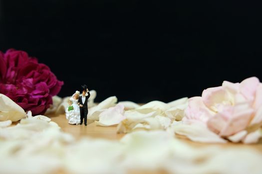 Miniature photography - outdoor garden wedding ceremony concept, bride and groom walking on white rose flower pile