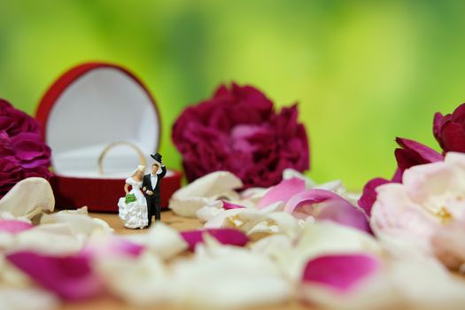 Miniature photography - outdoor garden wedding ceremony concept, bride and groom walking on red and white rose flower pile