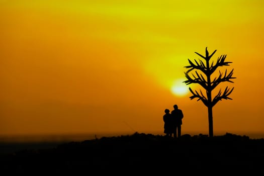 miniature people / toy photography - conceptual valentine holiday illustration. elder couple silhouette standing at the sand beach with dried tree
