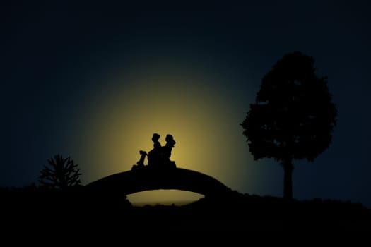 miniature people / toy photography - conceptual valentine holiday illustration. A happy couple silhouette riding scooter above bridge at night with moon light