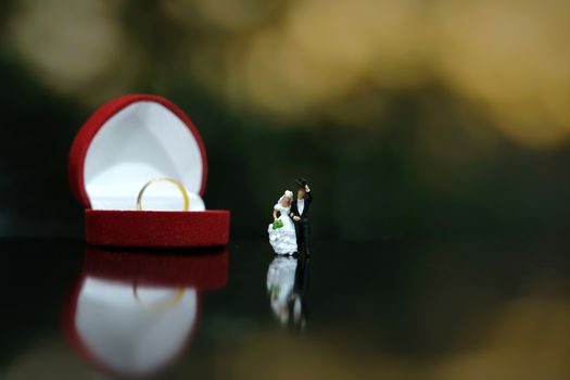Miniature wedding concept - bride and groom greeting with red heart ring box. image photo