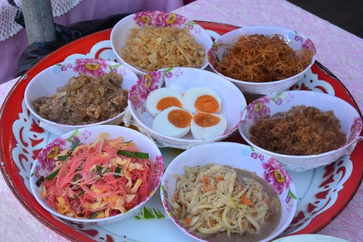 Khao chae, rice soaked in cool water, the recipe was adapted from a Mon dish and then modified, Thailand