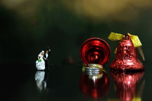 Miniature wedding concept. Bride and groom walking out make greeting after wedding procession. image photo