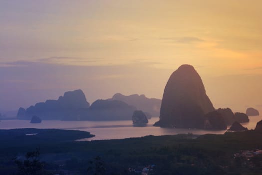 Toh Li viewpoint at sunset, Phang nga, Thailand Located on Tha tian district ,Phang nga province in south of Thailand. 180 degree panorama view of Toh Li viewpoint we can see Ban Hin Lom ,the way out to Phang nga bay.