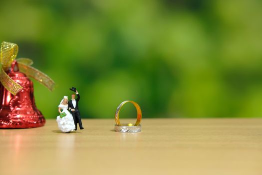 Miniature wedding concept. Bride and groom make greeting. image photo