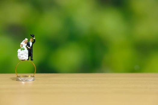 Miniature wedding concept. Bride and groom make greeting from above golden ring with dreamy green background