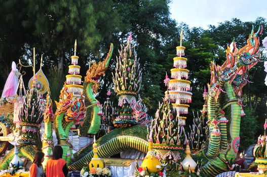 Sakon nakhon ,Thailand – October 23,2018 : Wax Castle Festival is held annually at the end of the Buddhist Lent. The event are objective to pay homage to Phra That Choeng Chum