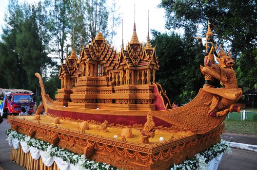 Sakon nakhon ,Thailand – October 23,2018 : Wax Castle Festival is held annually at the end of the Buddhist Lent. The event are objective to pay homage to Phra That Choeng Chum