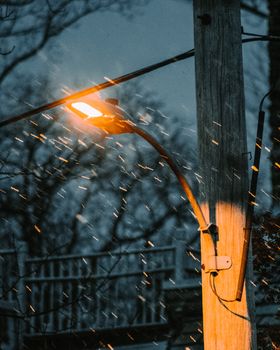 A Light Snow Fall in a Suburban Area Falling in Front of a Street Light