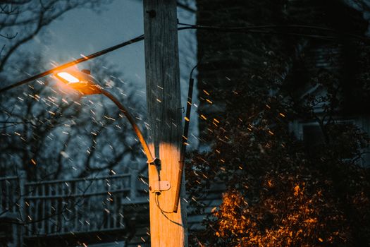 A Light Snow Fall in a Suburban Area Falling in Front of a Street Light