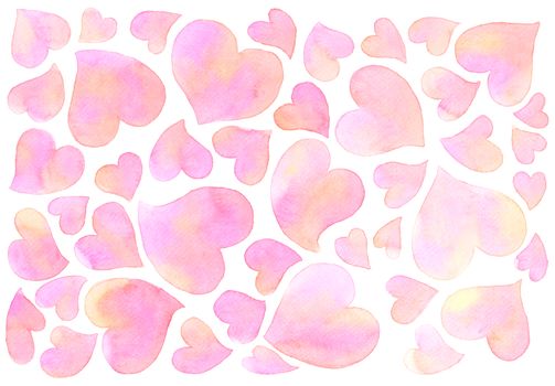 Romantic sweet charming pink hearts on white background. Watercolor hand painting illustration.