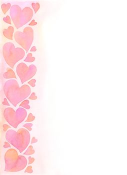 Romantic sweet charming pink hearts background. Watercolor hand painting illustration. Design element for wallpaper, packaging, banner, poster, flyer.