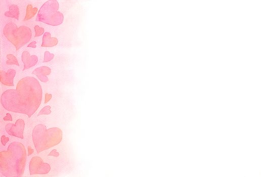 Romantic sweet charming pink hearts background. Watercolor hand painting illustration. Design element for wallpaper, packaging, banner, poster, flyer.