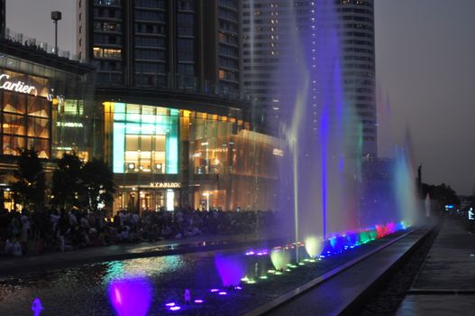 BANGKOK, THAILAND – 10  APRIL 2019: ICONIC Multimedia Water Features the Stretching over 400 metres, the longest water dance in Southeast Asia  of light, colour, sound and multimedia