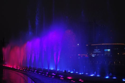 BANGKOK, THAILAND – 10  APRIL 2019: ICONIC Multimedia Water Features the Stretching over 400 metres, the longest water dance in Southeast Asia  of light, colour, sound and multimedia