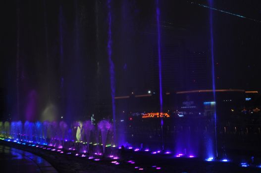 BANGKOK, THAILAND – 10  APRIL 2019: ICONIC Multimedia Water Features the Stretching over 400 metres, the longest water dance in Southeast Asia  of light, colour, sound and multimedia