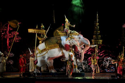 BANGKOK, THAILAND – 22 MAY 2019 : Thai Pantomime (Khon) Performance for the king's coronation ceremony at Sanam Laung,the royal multi purpose land in front of the Grand Palace