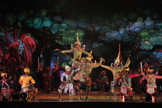 BANGKOK, THAILAND – 22 MAY 2019 : Thai Pantomime (Khon) Performance for the king's coronation ceremony at Sanam Laung,the royal multi purpose land in front of the Grand Palace