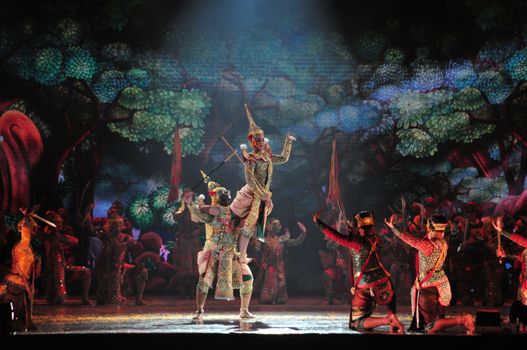 BANGKOK, THAILAND – 22 MAY 2019 : Thai Pantomime (Khon) Performance for the king's coronation ceremony at Sanam Laung,the royal multi purpose land in front of the Grand Palace