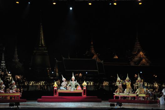 BANGKOK, THAILAND – 22 MAY 2019 : Thai Pantomime (Khon) Performance for the king's coronation ceremony at Sanam Laung,the royal multi purpose land in front of the Grand Palace