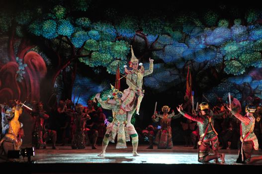 BANGKOK, THAILAND – 22 MAY 2019 : Thai Pantomime (Khon) Performance for the king's coronation ceremony at Sanam Laung,the royal multi purpose land in front of the Grand Palace