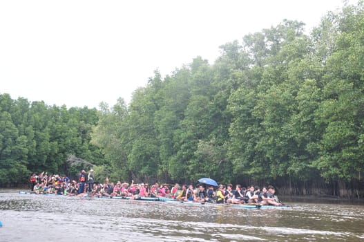 CHANTABURI, LAEM SING, THAILAND – 3 AUGUST 2019 : Bamboo (Substitute materials with tube PVC)  raft Rafting boat Flowing water,Rafting Adventure,travel adventure in the lake of Laem Sing District.