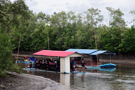 CHANTABURI, LAEM SING, THAILAND – 3 AUGUST 2019 : Bamboo (Substitute materials with tube PVC)  raft Rafting boat Flowing water,Rafting Adventure,travel adventure in the lake of Laem Sing District.