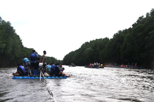 CHANTABURI, LAEM SING, THAILAND – 3 AUGUST 2019 : Bamboo (Substitute materials with tube PVC)  raft Rafting boat Flowing water,Rafting Adventure,travel adventure in the lake of Laem Sing District.