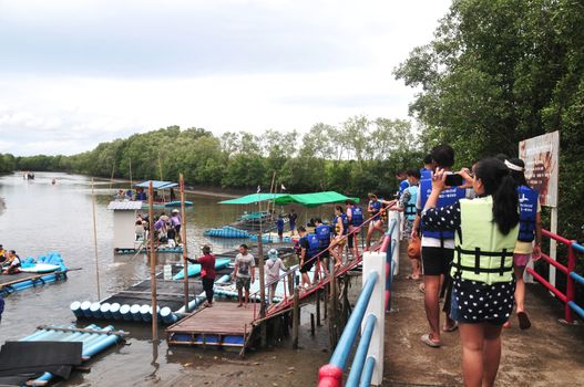 CHANTABURI, LAEM SING, THAILAND – 3 AUGUST 2019 : Bamboo (Substitute materials with tube PVC)  raft Rafting boat Flowing water,Rafting Adventure,travel adventure in the lake of Laem Sing District.