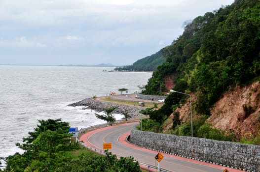 CHANTABURI, THAILAND – 4 AUGUST 2019 : Beautiful S Curve Road by Sea Photo Taking From Nang Phaya View Point (Chalerm Burapa Chollathit Road)