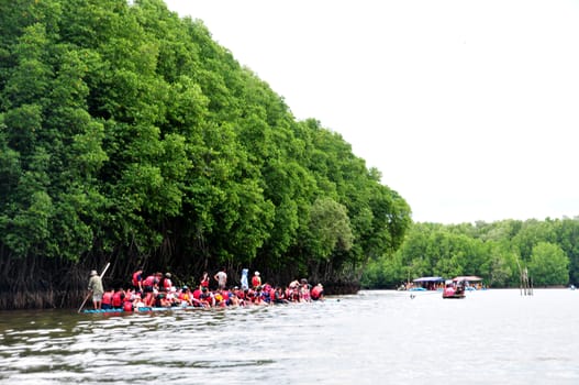 CHANTABURI, LAEM SING, THAILAND – 3 AUGUST 2019 : Bamboo (Substitute materials with tube PVC)  raft Rafting boat Flowing water,Rafting Adventure,travel adventure in the lake of Laem Sing District.