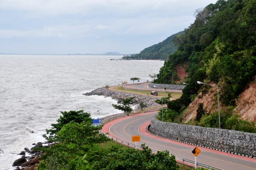 CHANTABURI, THAILAND – 4 AUGUST 2019 : Beautiful S Curve Road by Sea Photo Taking From Nang Phaya View Point (Chalerm Burapa Chollathit Road)