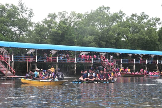 CHANTABURI, LAEM SING, THAILAND – 3 AUGUST 2019 : Bamboo (Substitute materials with tube PVC)  raft Rafting boat Flowing water,Rafting Adventure,travel adventure in the lake of Laem Sing District.