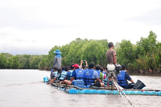 CHANTABURI, LAEM SING, THAILAND – 3 AUGUST 2019 : Bamboo (Substitute materials with tube PVC)  raft Rafting boat Flowing water,Rafting Adventure,travel adventure in the lake of Laem Sing District.