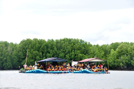 CHANTABURI, LAEM SING, THAILAND – 3 AUGUST 2019 : Bamboo (Substitute materials with tube PVC)  raft Rafting boat Flowing water,Rafting Adventure,travel adventure in the lake of Laem Sing District.