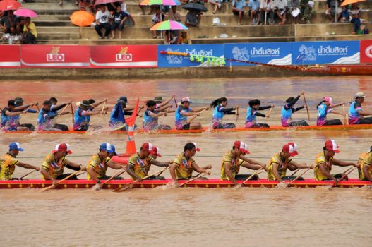 PHICHIT, THAILAND – 7  SEPTEMBER 2019 : Phichit boat racing is a traditional event of long standing. during September each year on the Nan River in front of Wat Tha Luang.