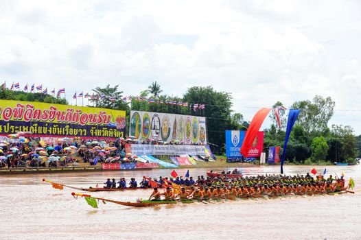 PHICHIT, THAILAND – 7  SEPTEMBER 2019 : Phichit boat racing is a traditional event of long standing. during September each year on the Nan River in front of Wat Tha Luang.