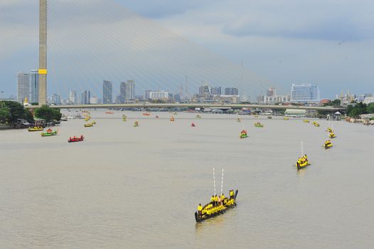 BANGKOK, THAILAND – 10  SEPTEMBER 2019 : The training of the Royal Barges Procession, the last royal ceremony of the Royal Coronation Ceremony Of King Rama X.