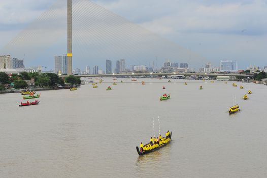 BANGKOK, THAILAND – 10  SEPTEMBER 2019 : The training of the Royal Barges Procession, the last royal ceremony of the Royal Coronation Ceremony Of King Rama X.