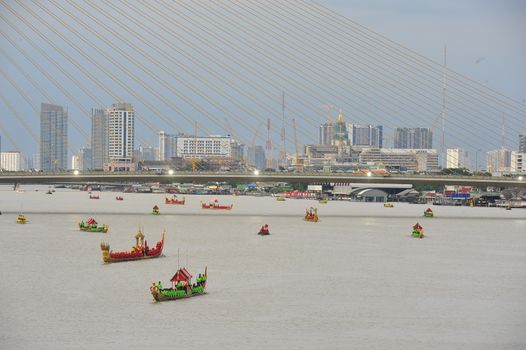 BANGKOK, THAILAND – 10  SEPTEMBER 2019 : The training of the Royal Barges Procession, the last royal ceremony of the Royal Coronation Ceremony Of King Rama X.