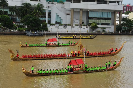 BANGKOK, THAILAND – 10  SEPTEMBER 2019 : The training of the Royal Barges Procession, the last royal ceremony of the Royal Coronation Ceremony Of King Rama X.