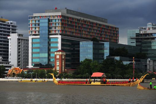 BANGKOK, THAILAND – 10  SEPTEMBER 2019 : The training of the Royal Barges Procession, the last royal ceremony of the Royal Coronation Ceremony Of King Rama X.