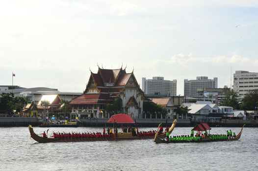 BANGKOK, THAILAND – 10  SEPTEMBER 2019 : The training of the Royal Barges Procession, the last royal ceremony of the Royal Coronation Ceremony Of King Rama X.