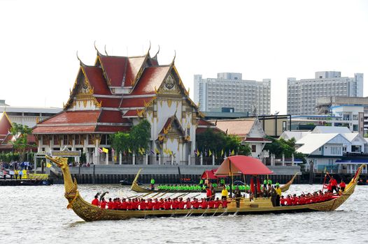 BANGKOK, THAILAND – 10  SEPTEMBER 2019 : The training of the Royal Barges Procession, the last royal ceremony of the Royal Coronation Ceremony Of King Rama X.