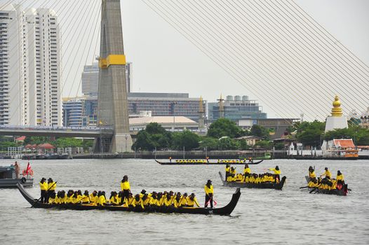 BANGKOK, THAILAND – 10  SEPTEMBER 2019 : The training of the Royal Barges Procession, the last royal ceremony of the Royal Coronation Ceremony Of King Rama X.