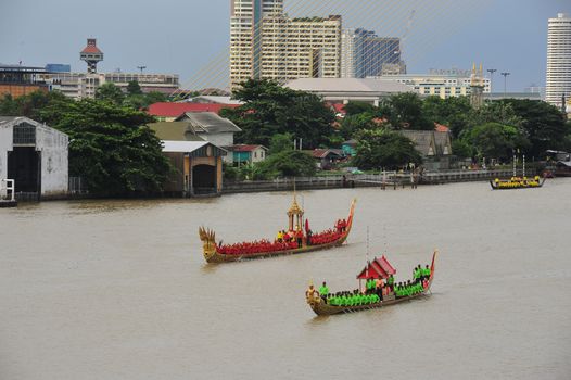 BANGKOK, THAILAND – 10  SEPTEMBER 2019 : The training of the Royal Barges Procession, the last royal ceremony of the Royal Coronation Ceremony Of King Rama X.